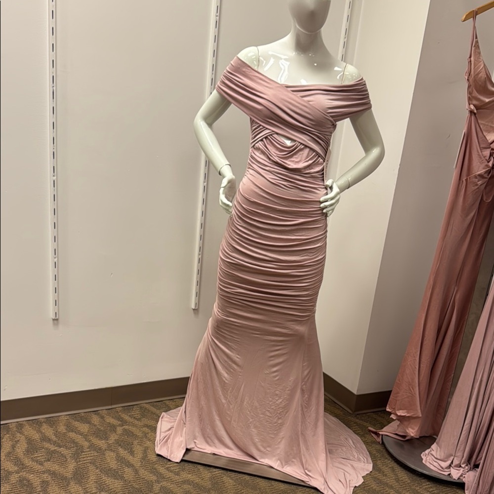 Cinderella Divine Pink Off Shoulder Ruched Prom Gown